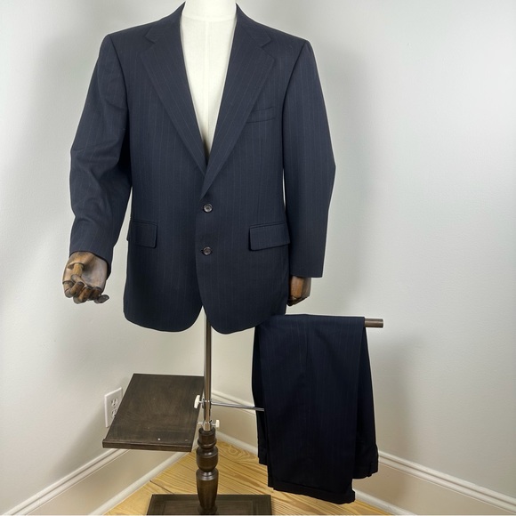 Vintage Chaps Navy Pin-Striped Wool 2-Button 2-Piece Suit Sz 44R - Picture 2 of 15